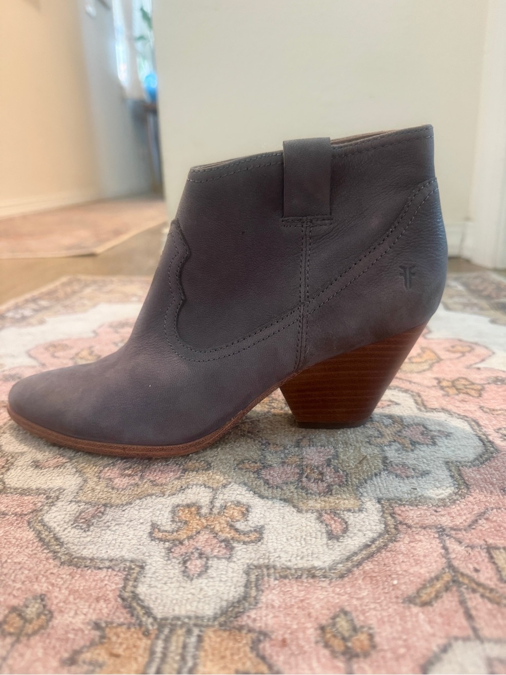 Frye Gray Leather Ankle Bootie with Stacked Heel